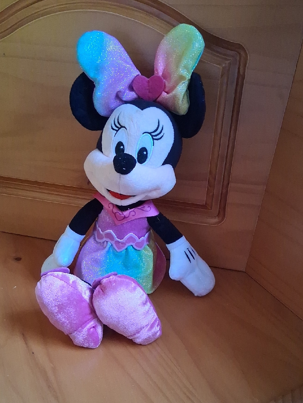 Disney Minnie Mouse Plush with Rainbow Bow and Pink Outfit